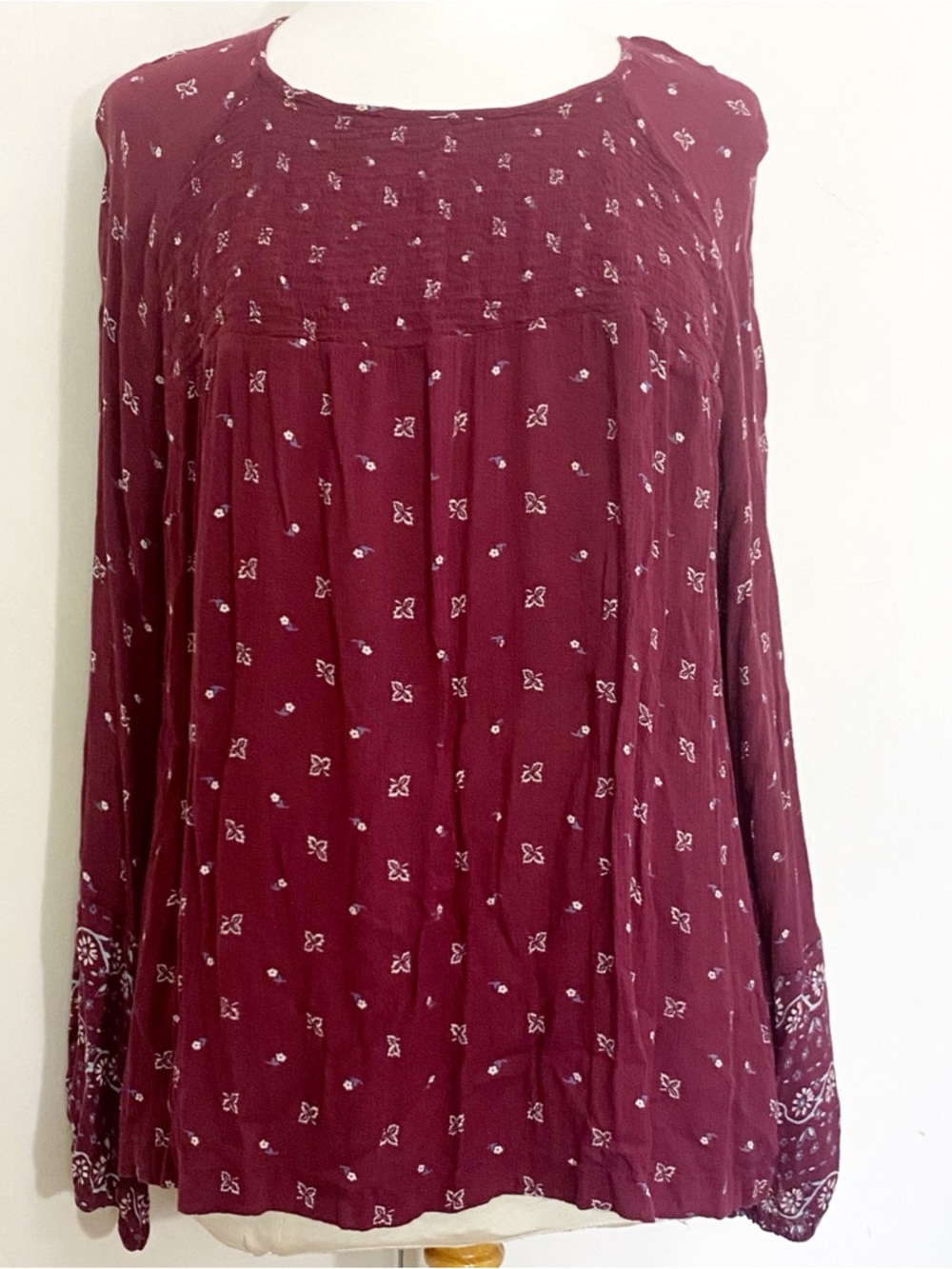 Old Navy Boho Maroon Smocked Yoke Balloon Sleeve Printed Peasant Top XXL